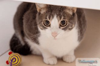 Grey and white domestic cat displaying anxiety symptoms with dilated pupils and tense body language while looking at owner