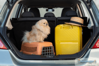 Dog preparing to travel with owner in boot of the car