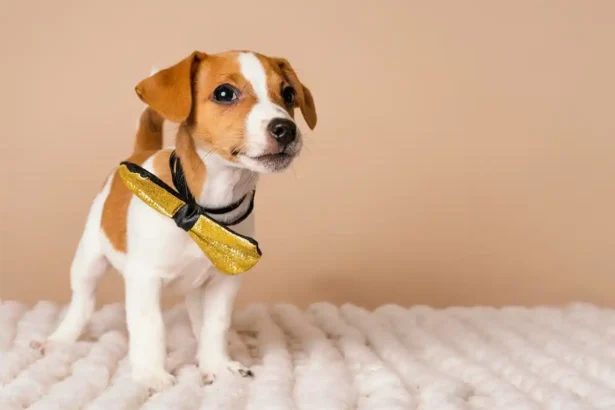 Jack Russell puppy wearing a bow collar, looking directly at camera