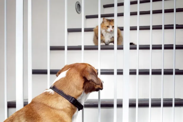 Jack Russell mix dog looking at a ginger and white domestic shorthair cat through child-proof railings