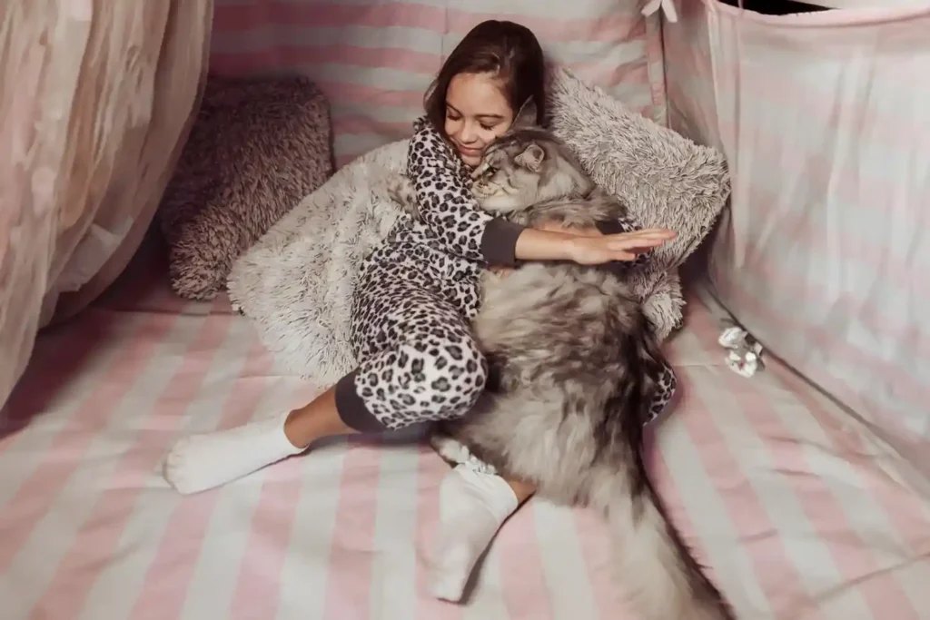 Grey Tabby Maine Coon cat cuddling with his owner, a young girl, on a pink bed, highlighting the cat's large size and affectionate nature.