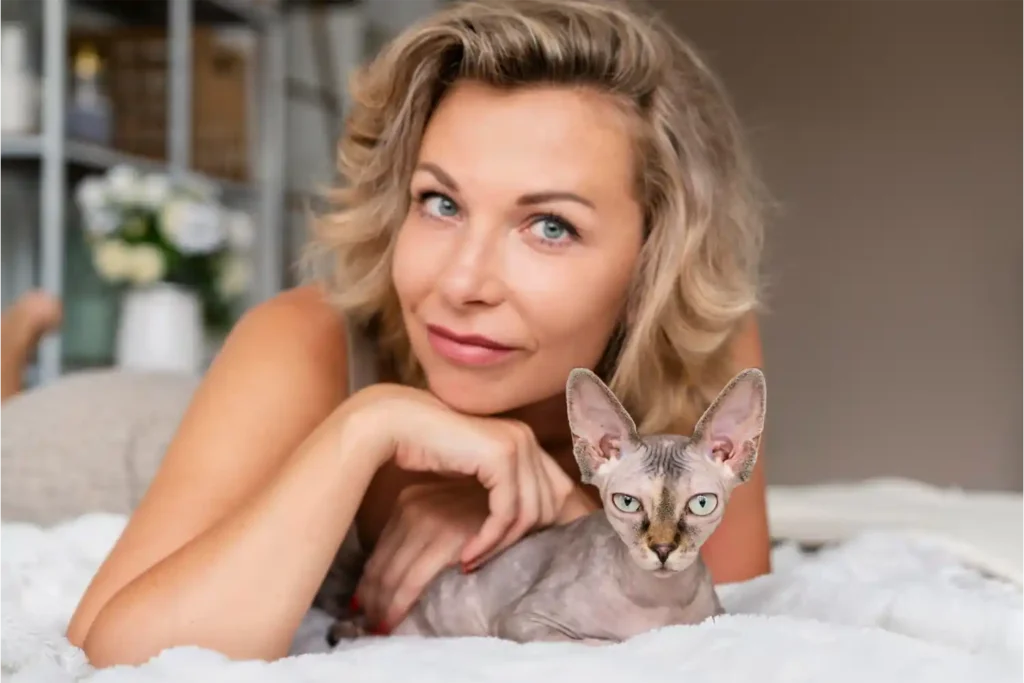 Sphynx cat lying contentedly on a bed with its owner, who looks affectionately at the camera.