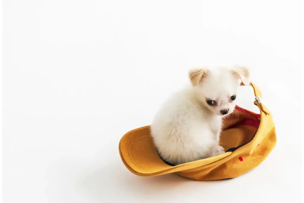 Small white Chihuahua puppy sitting in a yellow cap, gazing past the camera with an adorable expression.