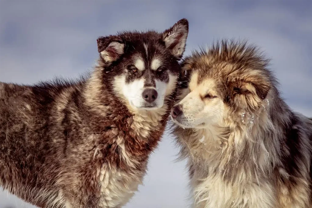 Two Alaskan Malamutes in a snowy wilderness setting, representing their historical arctic origins and natural habitat