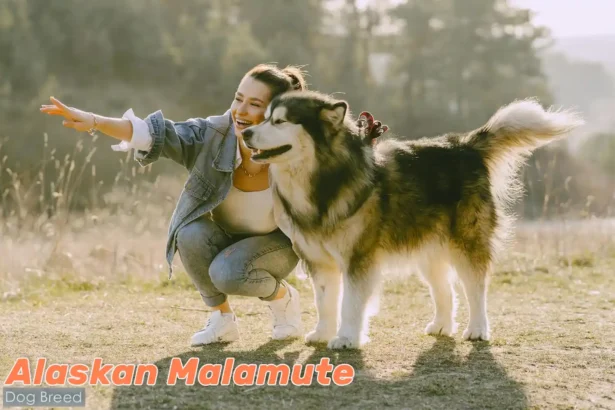 Alaskan Malamute receiving guidance from owner during walk training, showcasing the breed's trainability and human-canine bond