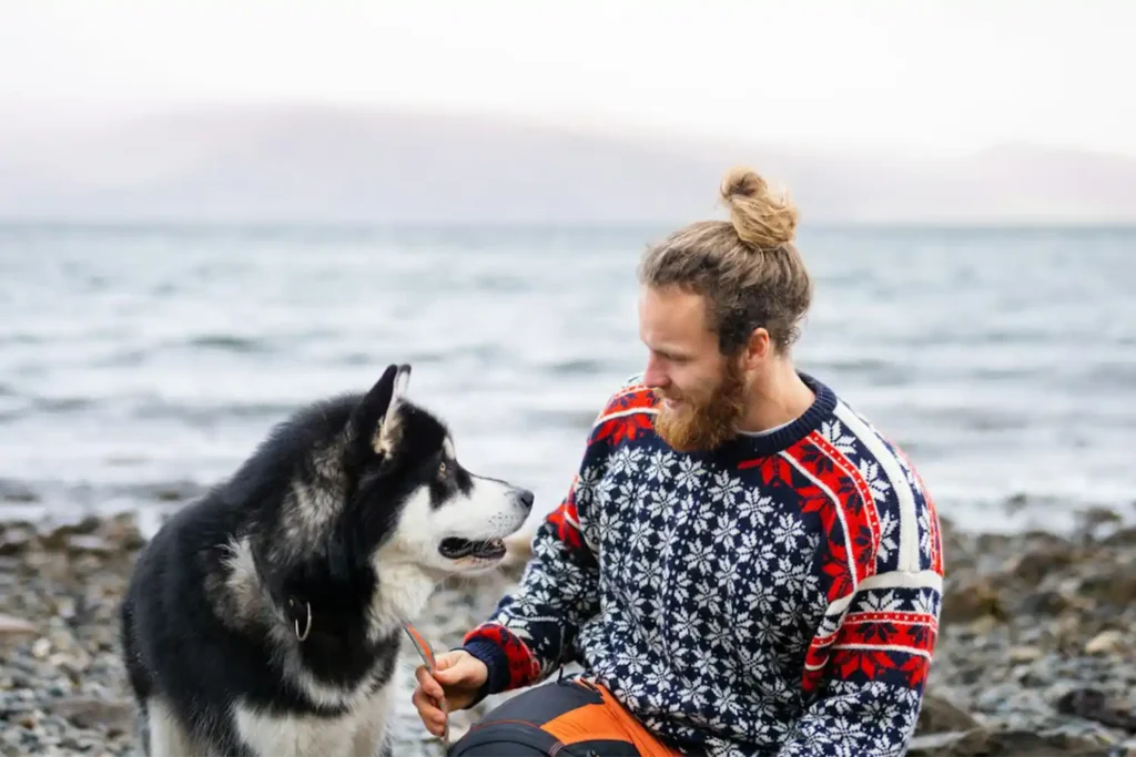 Man and his Alaskan Malamute sharing a joyful moment during outdoor adventure by a lake, demonstrating the rewards of responsible pet ownership