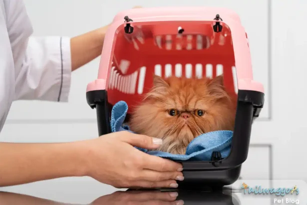 A cat in a secure carrier being examined by a veterinarian, part of a well-prepared cat emergency plan