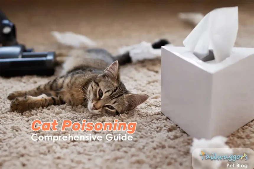 A cat lying down and looking unwell, illustrating the importance of recognizing signs of poisoning and consulting a Cat Poisoning Guide.