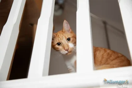A cat sitting on a stairway in a cat-proofed home, looking down thoughtfully, with secured railings and a safe environment designed to prevent accidents.