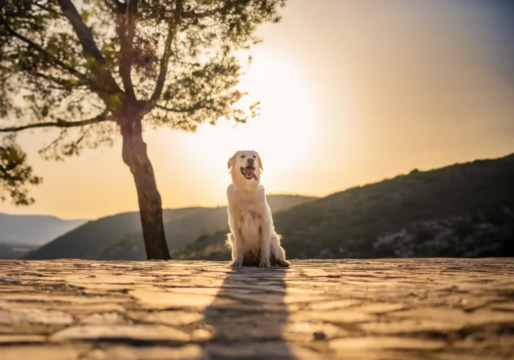 Golden Retriever Dog Breed sitting in the sunset somewhere in Italy