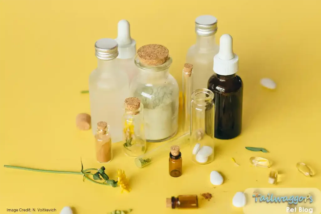 An assortment of empty treatment bottles illustrating Shih Tzu Tear Staining maintenance.