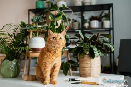 A cat sitting between indoor plants, highlighting the importance of identifying and removing toxic plants to keep your cat safe.