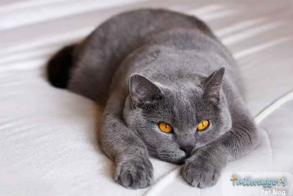 An adorable British Shorthair cat lounging on its owner's bed, highlighting its signature plush coat and calm demeanor."