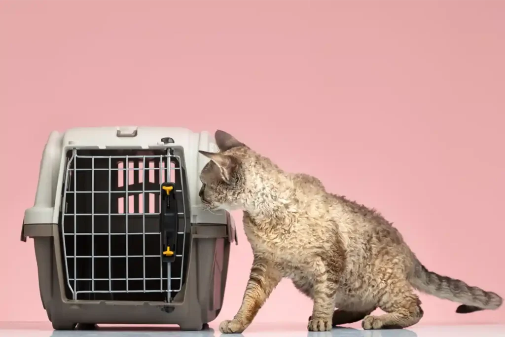 A frightened cat hesitating near a plastic carrier, emphasizing the importance of choosing the right carrier and training cats for emergencies.