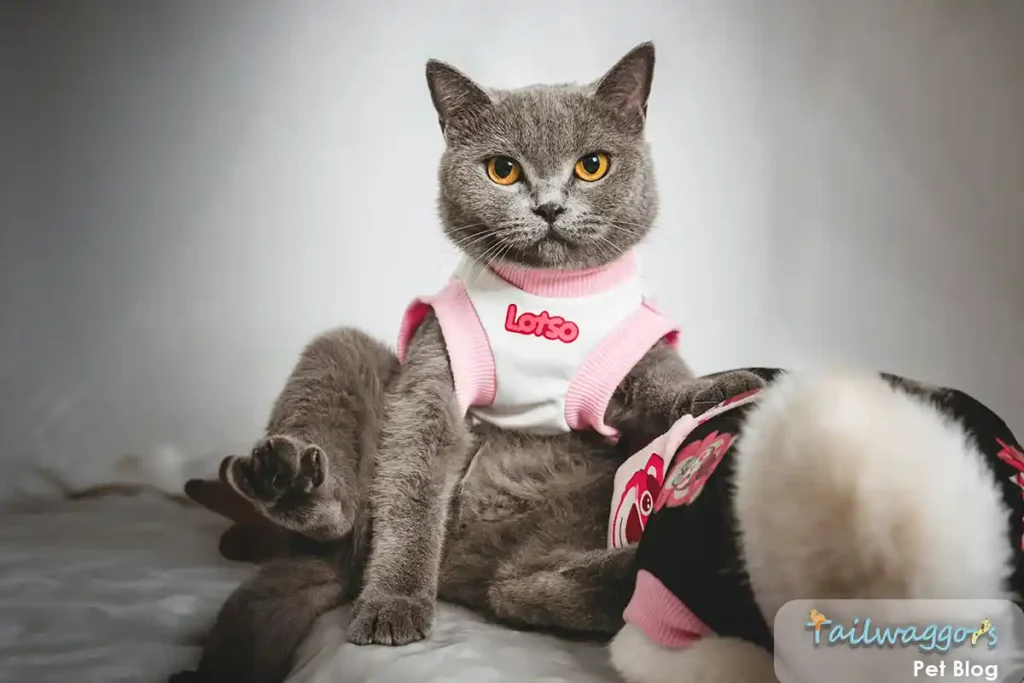 A British Shorthair wearing a pink jumper, showcasing the breed's distinctive cobby body type, round face, plush coat, and proportionate features during a grooming moment