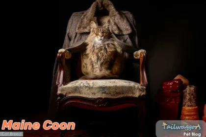 Majestic Maine Coon cat with luxurious tabby coat sitting regally on an antique chair, eyes closed in contentment, against a background of rich red oriental rug and ornate decor