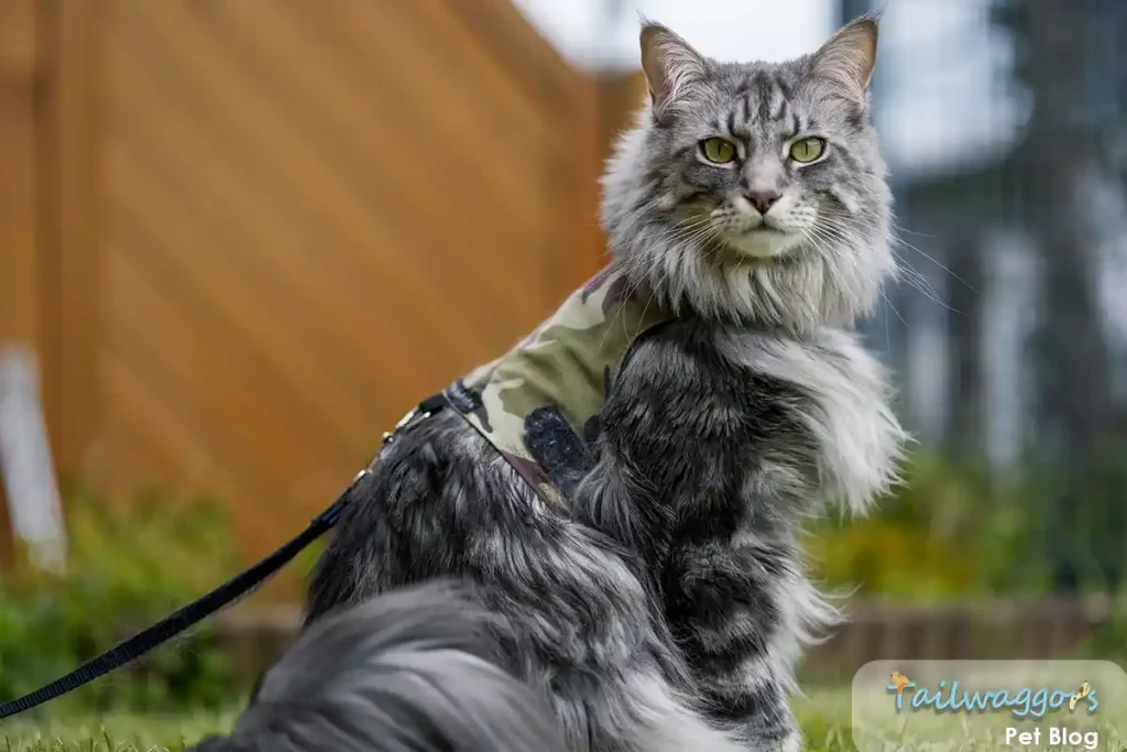 Maine Coon cat wearing a harness during an outdoor walk, demonstrating how these large cats can be safely exercised outdoors on a leash