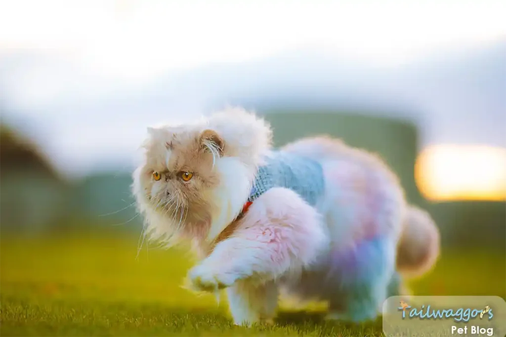 Well-groomed ginger and white Persian cat wearing a knitted jersey, walking confidently outdoors, showcasing the breed's calm and trusting nature