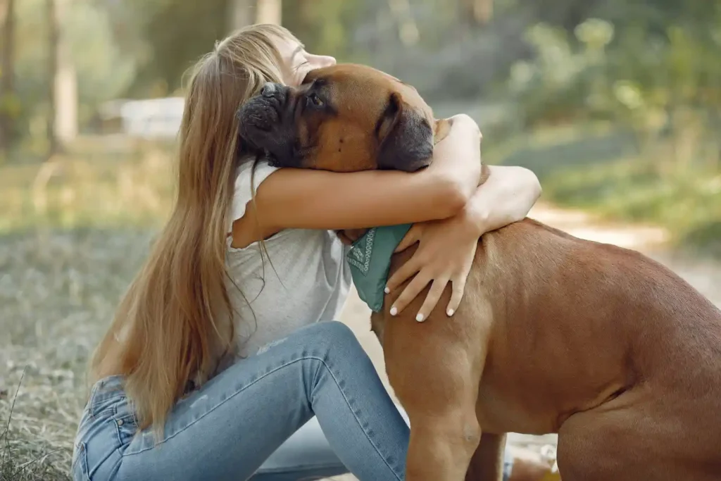 Young girl affectionately cuddling her male boxer in a sunlit park, demonstrating the breed's loving nature