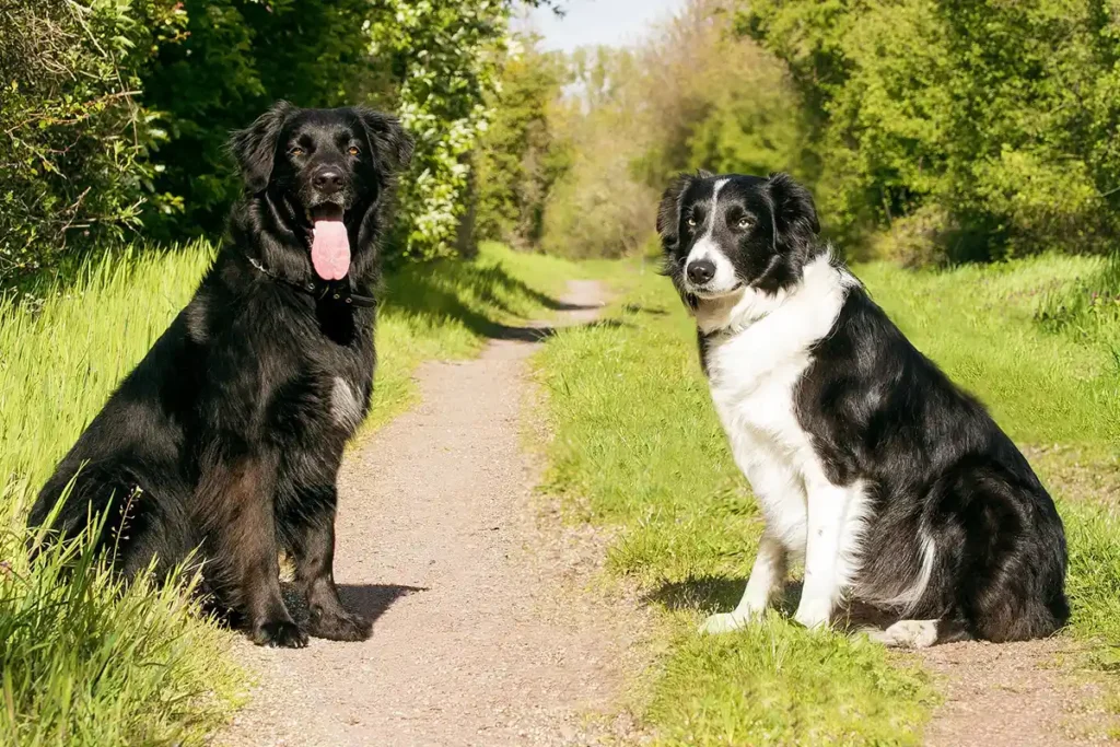 Two large breed dogs sitting patiently on a gravel farm road, demonstrating the results of consistent routine training and daily exercise habits