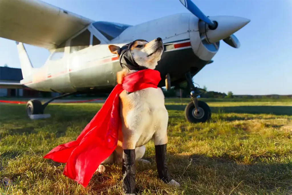 Dog in superhero costume sitting next to an airplane carrier