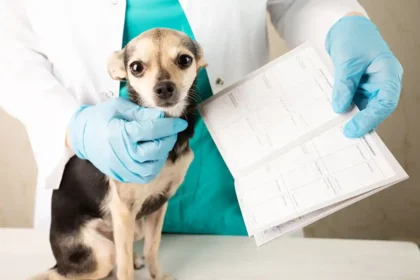 Miniature Pinscher mix being examined by a veterinarian, with vet checking vaccination records