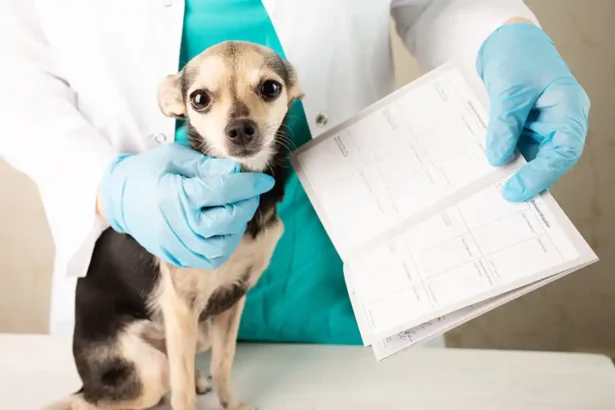 Miniature Pinscher mix being examined by a veterinarian, with vet checking vaccination records