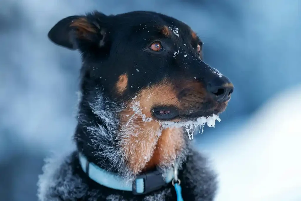 Dog sitting in the snow with visible ice forming around its mouth, looking alert and resilient in a cold winter environment.