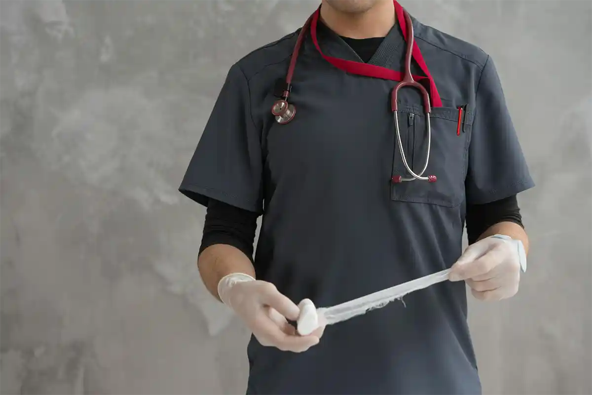 Veterinarian unraveling a bandage during a pet first aid demonstration.